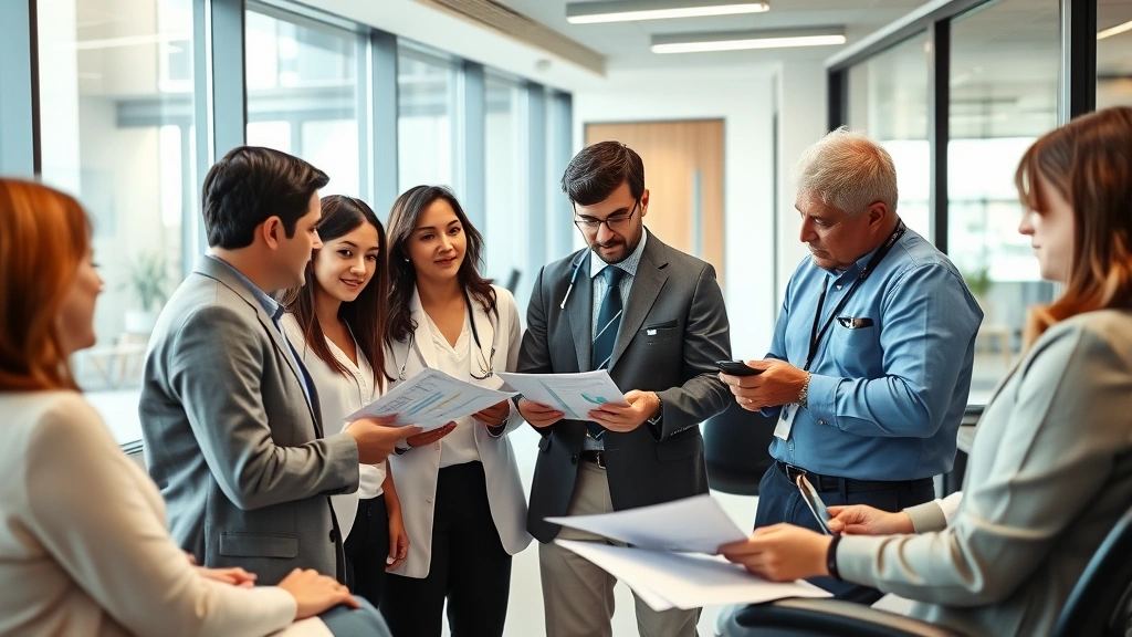 Diverse professional team in modern healthcare facility discussing financial planning and investment strategies with charts and documents visible, natural lighting, modern office environment