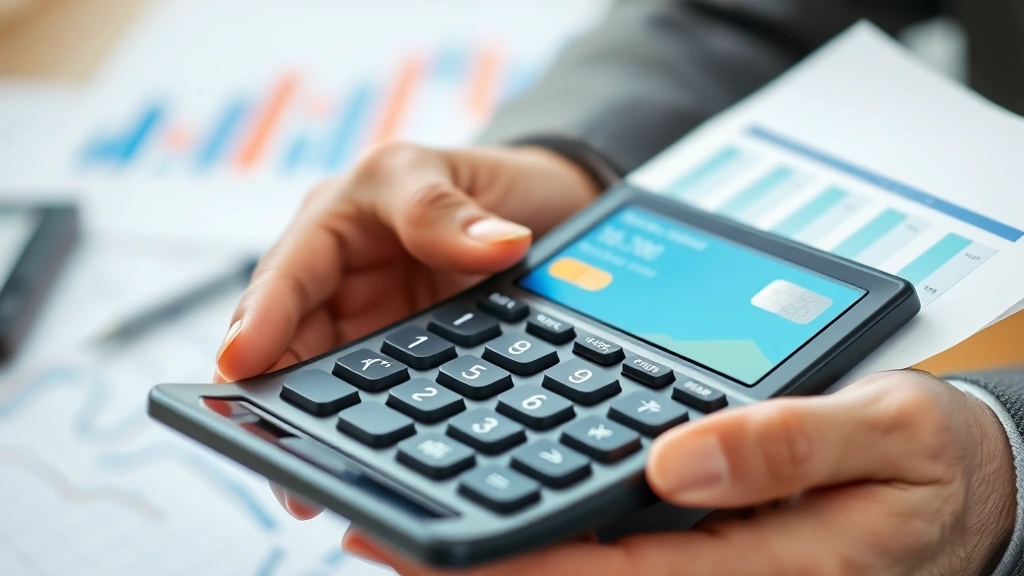 Close-up of hands holding financial planning documents and calculator with healthcare insurance card, showing wealth accumulation concepts, professional setting with graphs in background