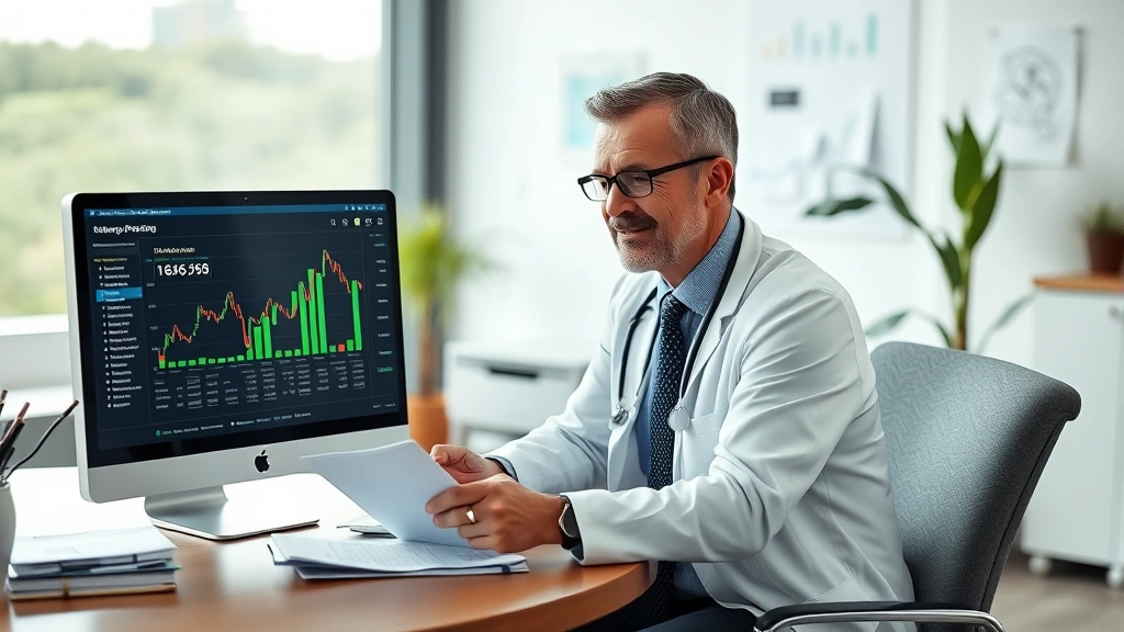 Middle-aged healthcare professional in modern office reviewing HSA investment portfolio on computer screen, surrounded by financial planning materials and retirement planning documents, confident expression