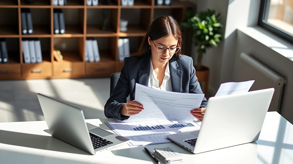Professional woman in business attire reviewing financial documents and investment portfolio at modern desk with laptop, natural daylight, focused expression, clean minimalist workspace
