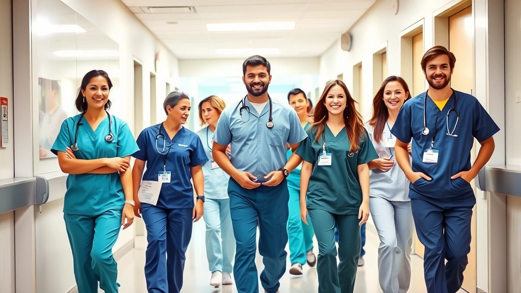 Diverse group of healthcare professionals in scrubs walking through modern hospital corridor, confident posture, collaborative environment, bright clinical lighting, professional setting