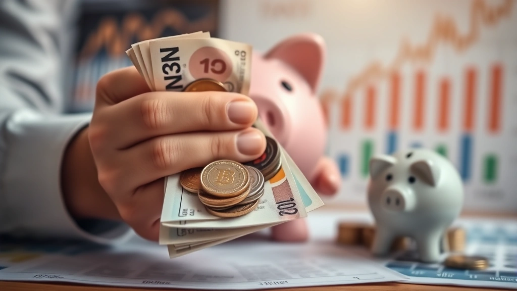 Close-up of hands holding coins and bills with piggy bank and investment charts in soft focus background, wealth accumulation concept, warm natural lighting, macro photography style