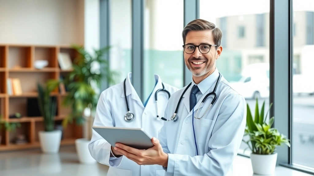 Professional healthcare worker in modern medical office confidently reviewing financial documents and retirement portfolio on tablet, bright natural lighting, modern workspace with plants