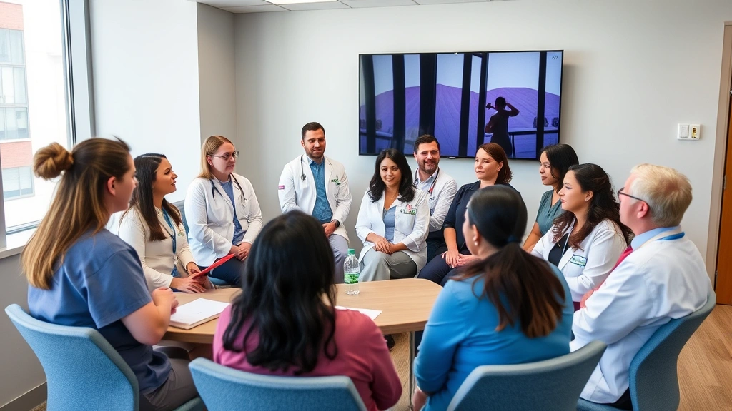 Diverse group of healthcare professionals in Atrius Health Chelmsford facility having collaborative meeting, discussing career growth and professional development opportunities