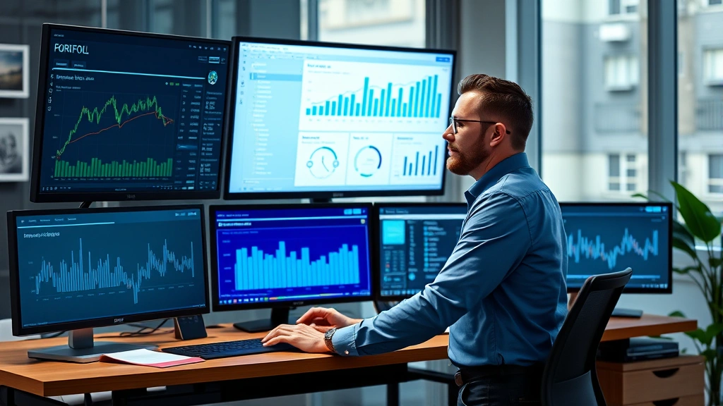 Successful healthcare professional working at standing desk with multiple monitors showing investment portfolio and financial planning dashboard, focused and productive