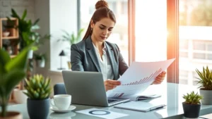 Professional woman in business attire reviewing financial documents and growth charts on a modern desk with laptop, coffee cup, and plants in a bright office environment