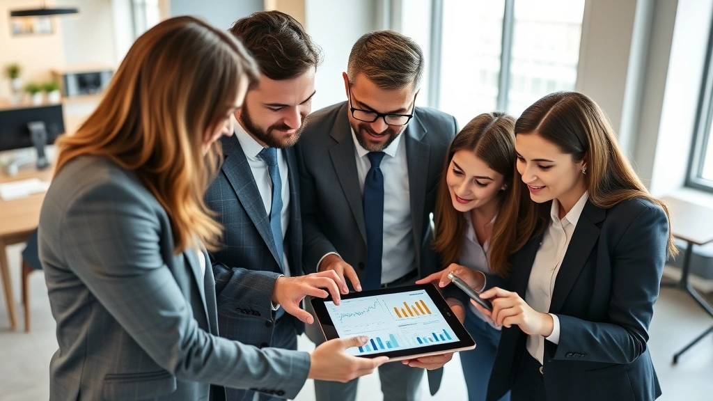Diverse group of professionals in business casual clothing collaborating over a digital tablet showing investment portfolio graphs and market data in a contemporary workspace