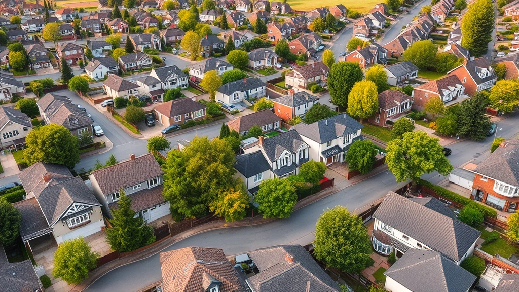 Aerial view of a residential neighborhood with various home types, emphasizing real estate investment and property appreciation in a thriving community setting