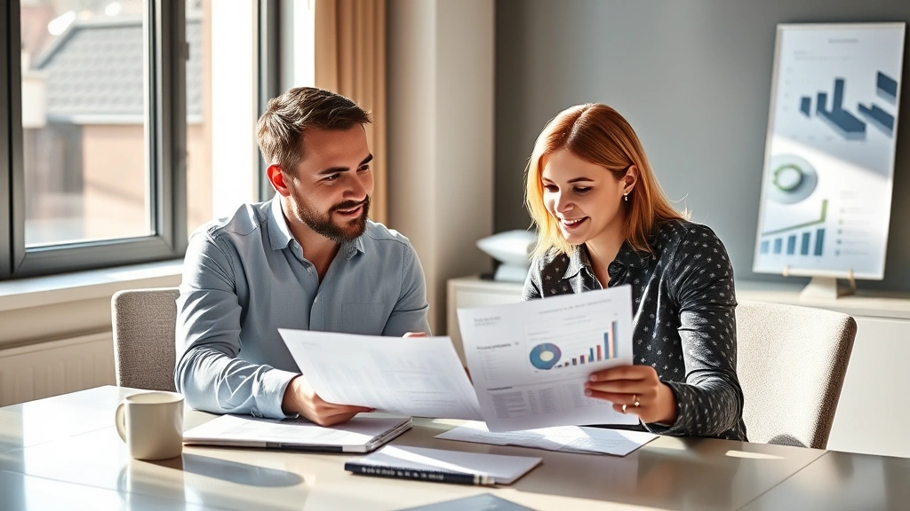 Professional financial advisor meeting with young couple at modern desk reviewing investment portfolio documents and retirement planning charts, natural lighting from window, warm professional atmosphere