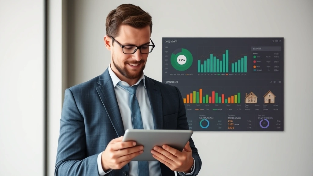 Businessman in business casual attire confidently reviewing digital investment dashboard on tablet showing diverse portfolio allocation across stocks, bonds, and real estate investments