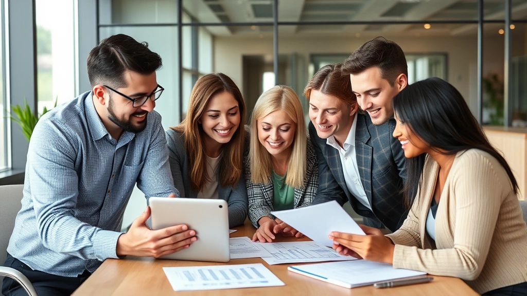 Diverse group of professionals in office setting collaborating on financial planning, using laptop and documents, discussing wealth-building strategies with positive engagement and focus
