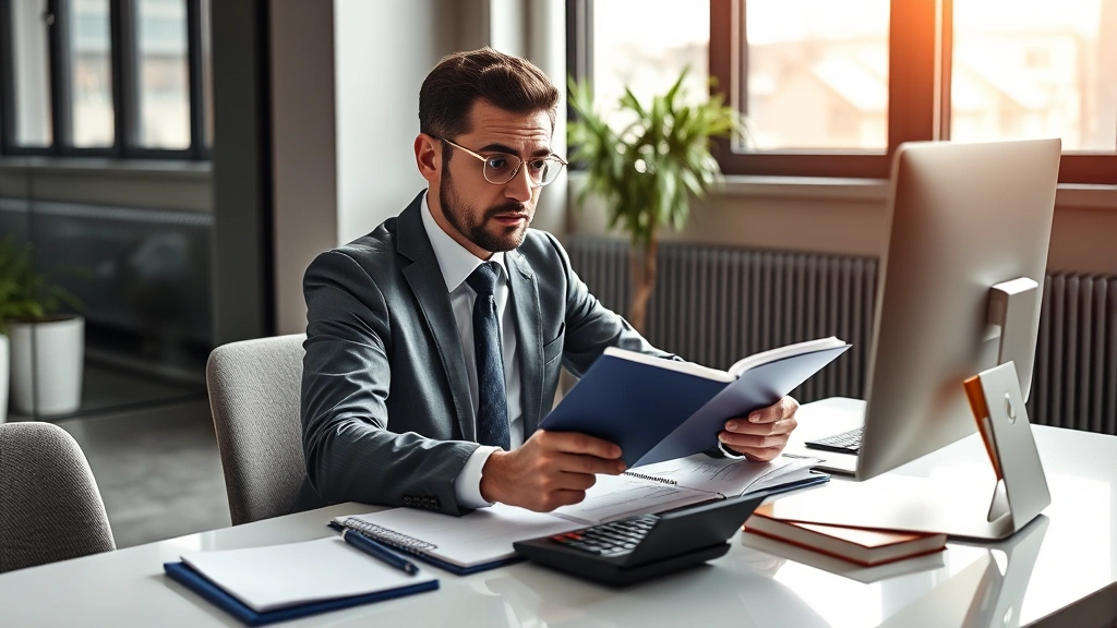 Professional investor reviewing financial portfolio on modern computer desk with notebooks and calculator, natural lighting from window, focused expression, upscale office environment