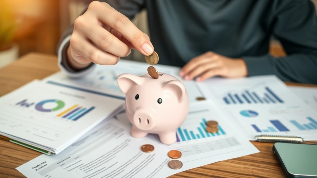 Person placing coins into piggy bank surrounded by financial documents and graphs, warm home setting, demonstrating savings and wealth accumulation concept
