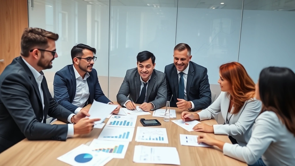 Diverse group of professionals in business attire discussing investment strategy around conference table with financial charts and documents visible