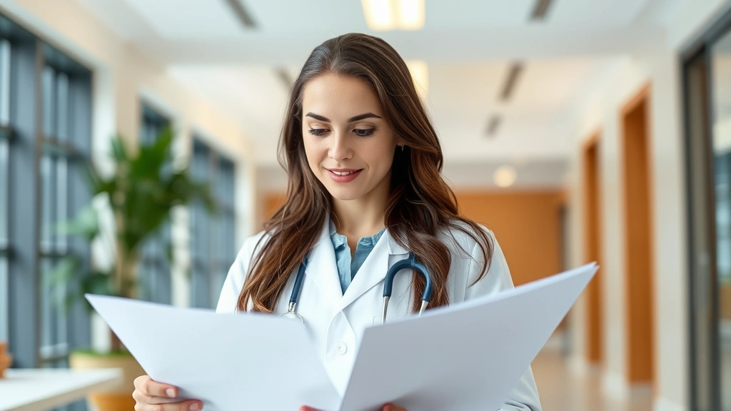 Professional female physician in white coat reviewing patient charts in modern medical clinic, confident expression, natural lighting, contemporary healthcare environment