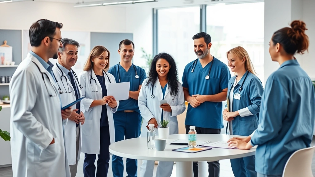 Diverse group of healthcare professionals in modern medical office having collaborative meeting, teamwork atmosphere, contemporary healthcare workspace with natural light