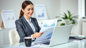 Professional woman in business attire reviewing financial documents and charts on desk with laptop, natural office lighting, confident expression, organized workspace with coffee cup