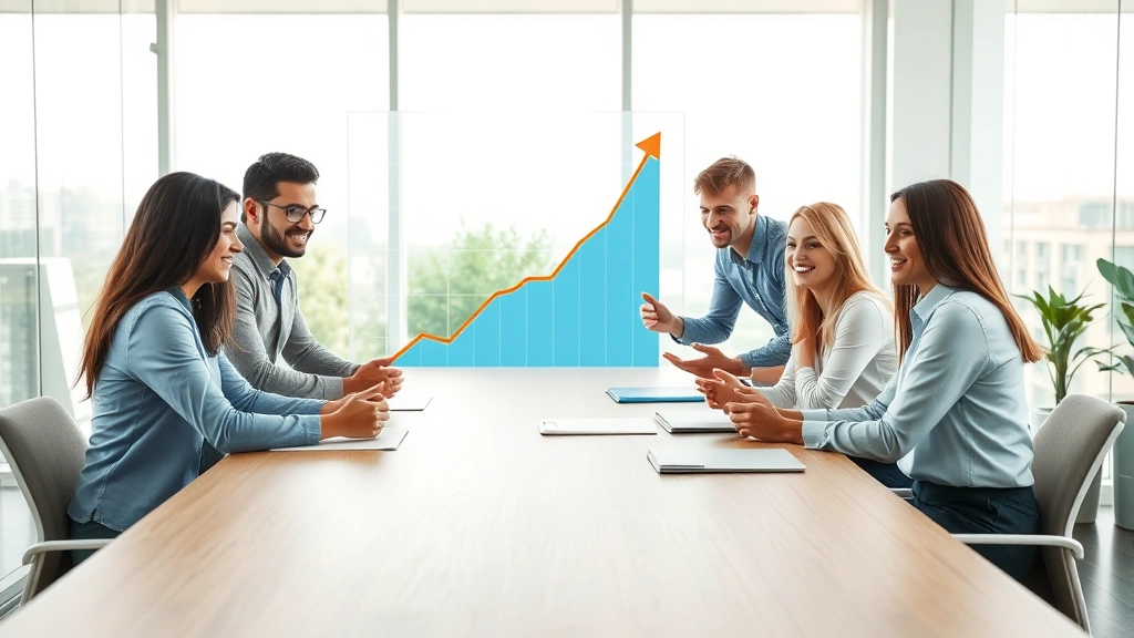 Diverse group of professionals in modern office collaborating around conference table with growth trajectory visualization in background, natural daylight, positive teamwork atmosphere