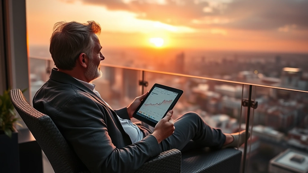 Prosperous individual relaxing on terrace overlooking cityscape at sunset, holding tablet showing investment portfolio, peaceful confident demeanor, wealth and success symbolism