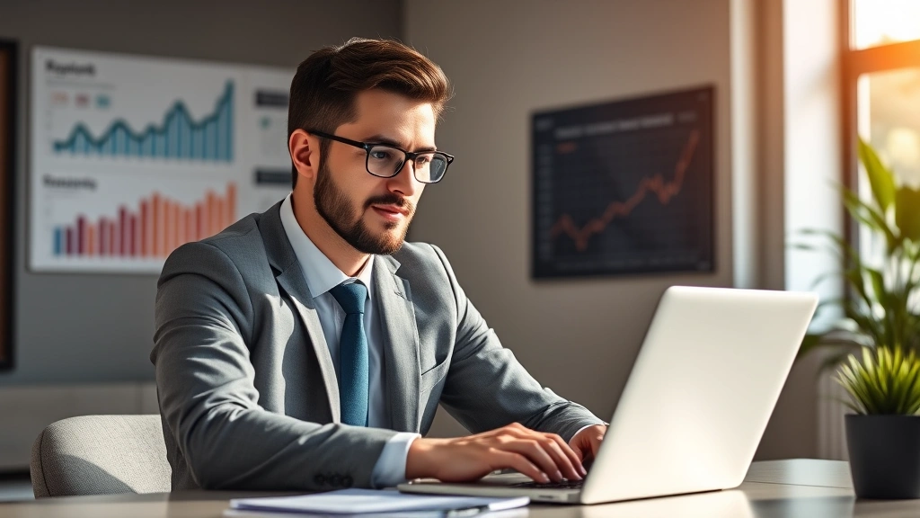 Confident professional in business attire reviewing investment portfolio on laptop in modern office with growth charts visible on wall, natural window lighting, warm professional atmosphere