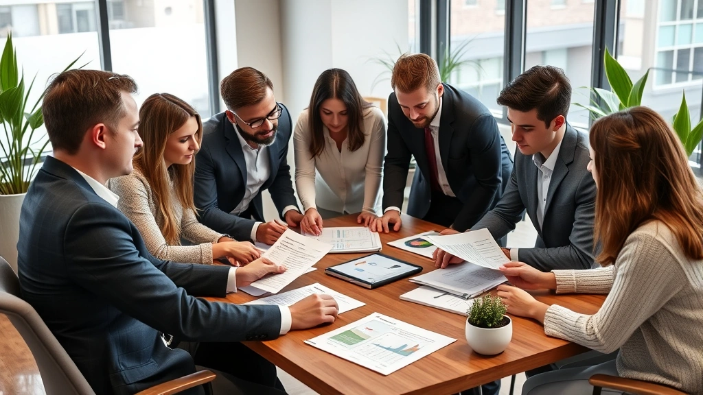 Diverse group of people in financial planning meeting with advisor reviewing documents and financial statements on desk, collaborative discussion, modern office environment with plants