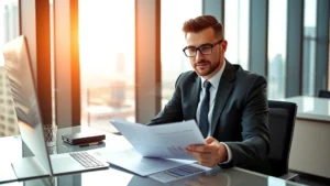 Professional healthcare administrator reviewing financial reports at modern office desk with city skyline visible through windows, warm natural lighting, confident expression, contemporary business attire