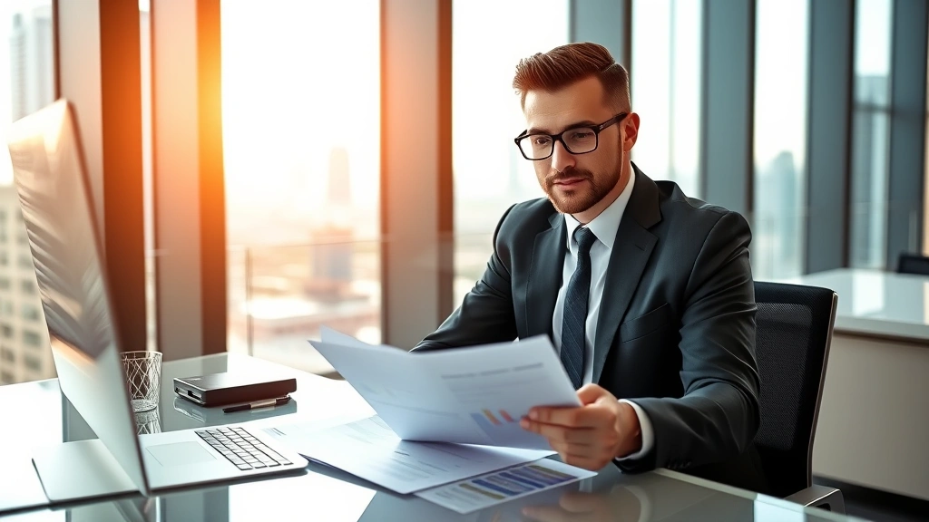 Professional healthcare administrator reviewing financial reports at modern office desk with city skyline visible through windows, warm natural lighting, confident expression, contemporary business attire