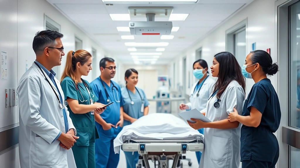 Diverse healthcare team in modern clinical setting collaborating during patient care, bright well-lit hospital corridor, modern medical equipment visible, teamwork and professionalism evident