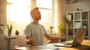 A serene person meditating in a modern home office with a laptop and financial documents on the desk, morning sunlight streaming through large windows, peaceful expression, neutral color palette, photorealistic professional photography