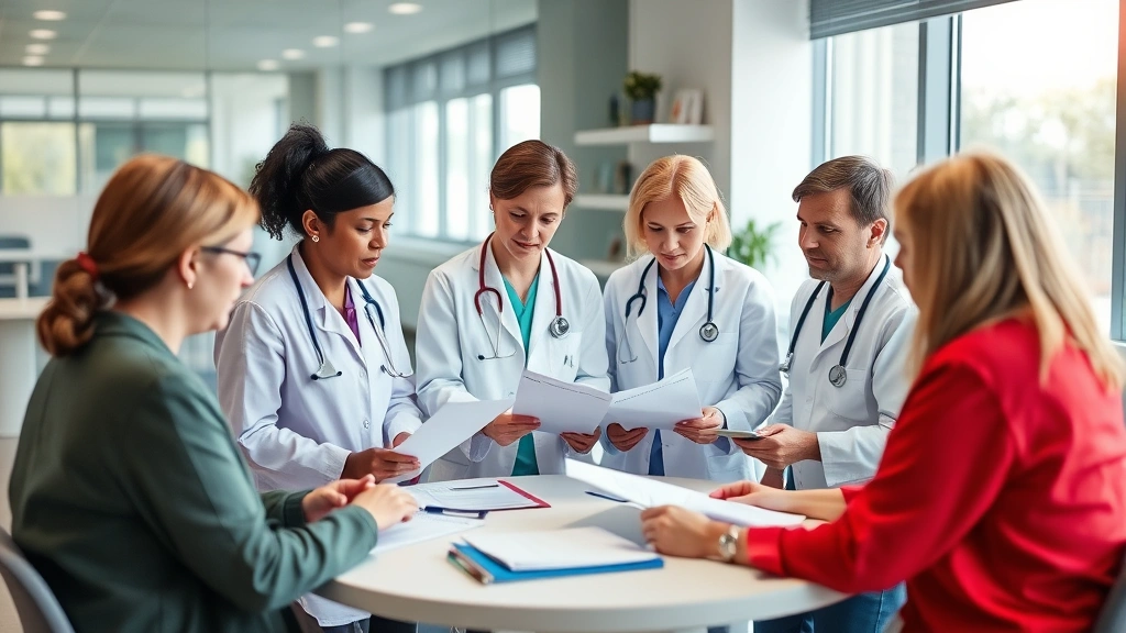 Diverse team of home health professionals in modern clinical setting reviewing patient charts and treatment plans collaboratively