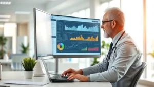 Professional healthcare administrator reviewing digital health analytics dashboard on modern computer, bright clinical office environment, focused expression
