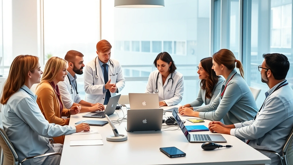 Diverse team of healthcare professionals collaborating around conference table with technology devices, modern hospital or clinic setting, engaged discussion