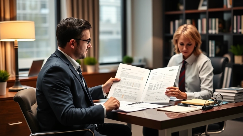 Wealth advisor and client reviewing investment portfolio documents in professional office, discussing financial plans, warm lighting, organized desk
