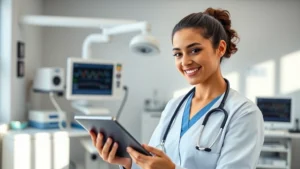 Professional healthcare worker reviewing digital health records on tablet in modern medical office, natural lighting, confident expression, clean workspace with medical equipment in background