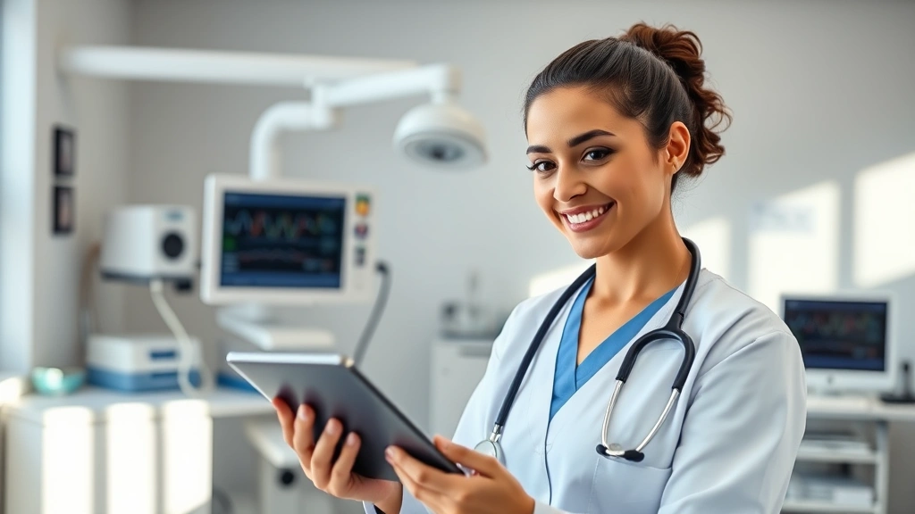 Professional healthcare worker reviewing digital health records on tablet in modern medical office, natural lighting, confident expression, clean workspace with medical equipment in background