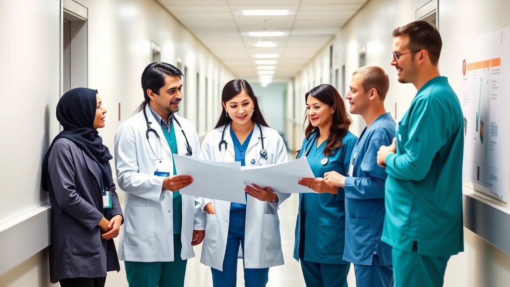 Diverse group of healthcare professionals collaborating in hospital hallway, reviewing patient charts together, modern healthcare setting, natural interaction, professional attire
