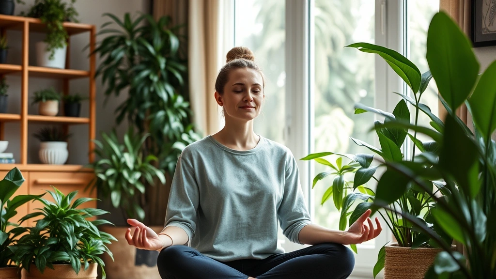 Person meditating peacefully in home office surrounded by plants, natural window light, calm expression, professional yet relaxed environment, wellness-focused atmosphere