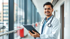 Professional health science graduate in modern hospital corridor wearing white coat, holding tablet with medical data, confident expression, natural lighting through large windows, diverse urban healthcare facility background