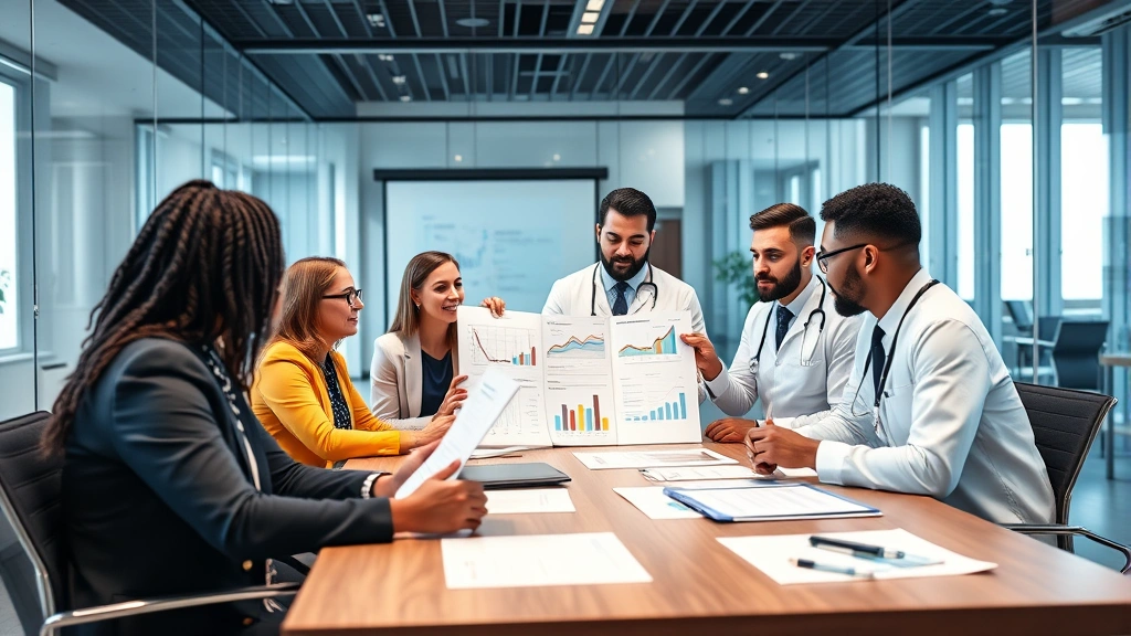 Diverse healthcare team in conference room reviewing financial charts and strategic planning documents, professional business attire, modern healthcare administration office, collaborative discussion atmosphere