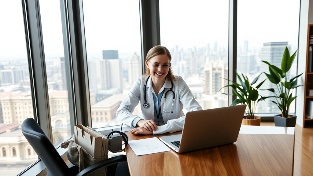 Successful health professional at desk with laptop, investment portfolio documents, and financial planning materials, modern home office overlooking city skyline, confident wealth-building focus