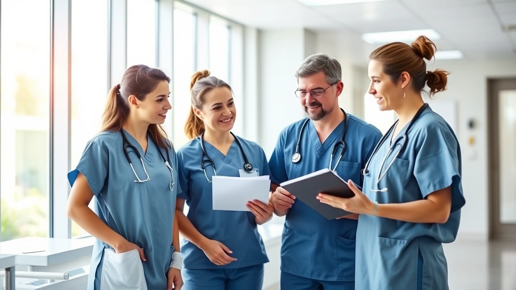 Professional healthcare team in modern hospital setting collaborating during rounds, wearing scrubs, reviewing patient information together with natural lighting
