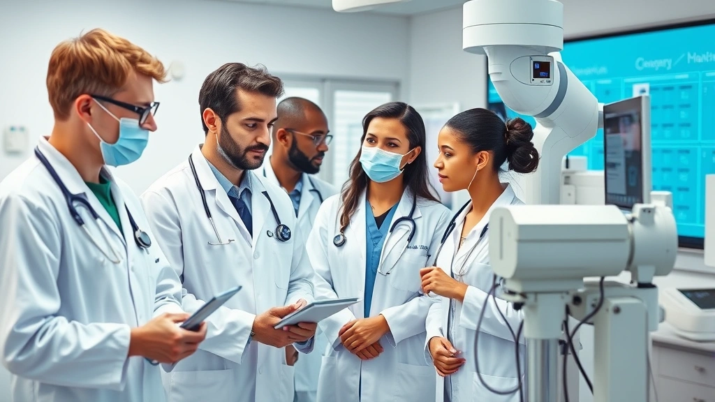 Diverse medical professionals in clinical setting examining advanced medical equipment, showing expertise and modern healthcare technology environment