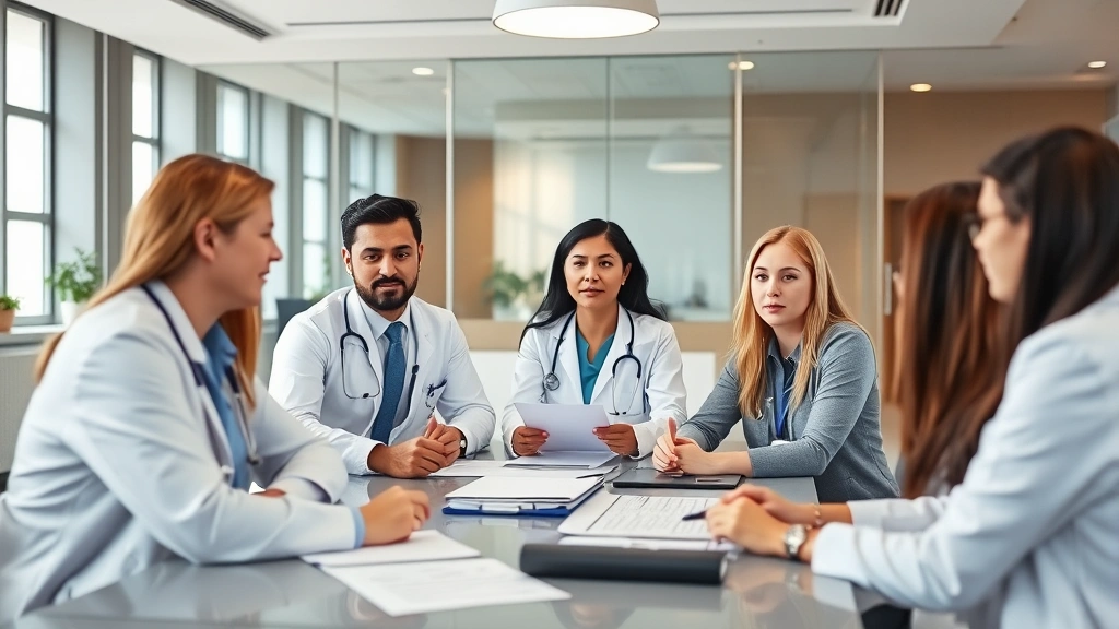 Healthcare professionals in conference room during strategic planning meeting, displaying leadership and professional development in modern office setting