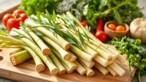 Vibrant fresh bamboo shoots arranged on wooden cutting board with steam rising, surrounded by fresh vegetables and herbs in bright natural lighting, representing healthy organic food preparation