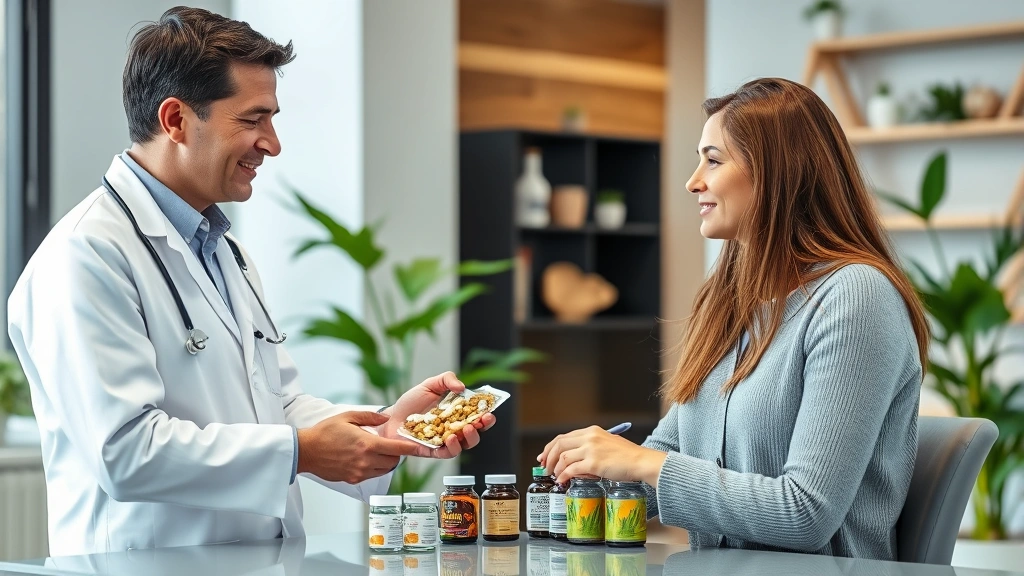Doctor in white coat reviewing nutritional supplements and bamboo products with patient in modern medical office, demonstrating professional health consultation and wellness planning
