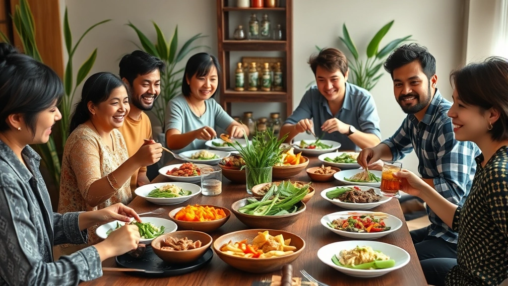 Diverse group of people enjoying healthy bamboo-based meals at dining table, showing family meals and social wellness, with fresh ingredients and nutritious preparations visible