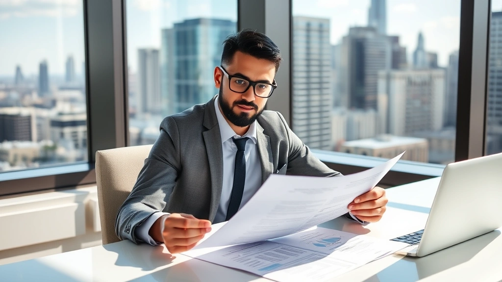 Successful investor reviewing property documents at modern desk with city skyline visible through windows, professional attire, confident expression, natural lighting