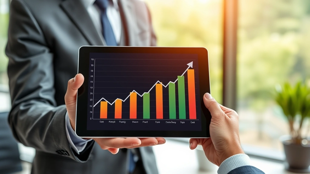 Wealth building progress chart displayed on tablet held by professional, upward trending graphs, financial success indicators, modern office environment, natural outdoor background