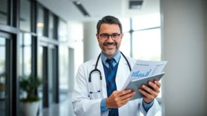 Professional healthcare worker in modern hospital setting reviewing financial documents and investment portfolio on tablet computer, natural lighting from window, confident expression, modern office environment
