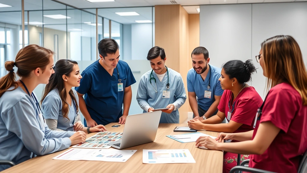 Diverse group of healthcare professionals in scrubs having collaborative discussion around conference table with laptop and financial charts visible in contemporary medical facility, natural interaction